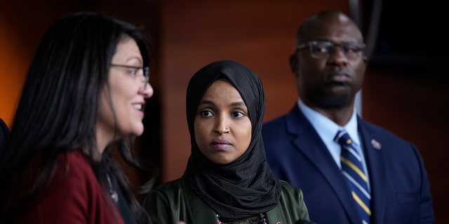 Rep. Rashida Tlaib, D-Mich.; Rep. Ilhan Omar, D-Minn; and Rep. Jamaal Bowman , D-N.Y., field questions in Washington, D.C.., Nov. 30, 2021
