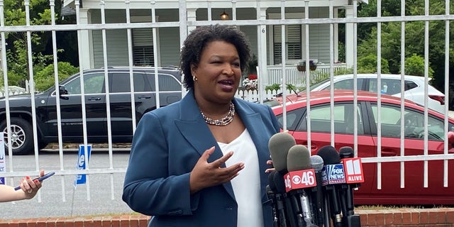 Democratic gubernatorial candidate Stacey Abrams speaks to reporters on primary day in Georgia, on May 24, 2022 in Atlanta, Georgia 